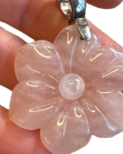 Lovely Rose Quartz Sterling Silver Large FLOWER  Pendant