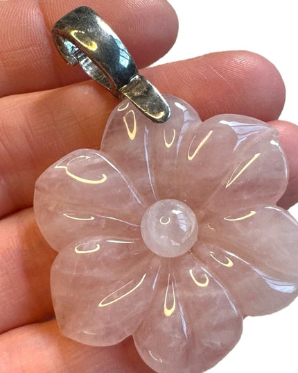 Lovely Rose Quartz Sterling Silver Large FLOWER  Pendant