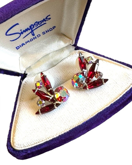 Vintage 1950s Mid century Red AB crystal silver finish earrings