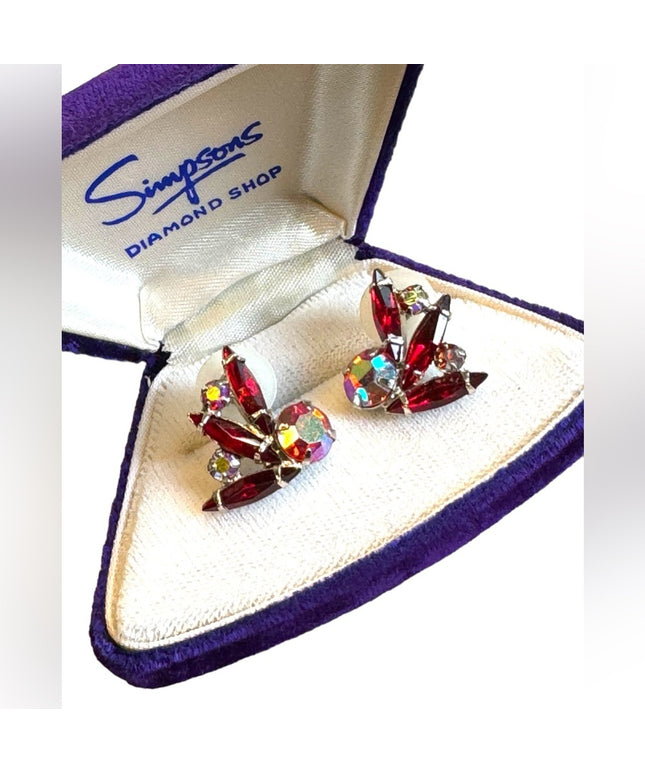 Vintage 1950s Mid century Red AB crystal silver finish earrings