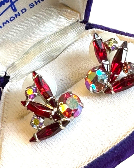 Vintage 1950s Mid century Red AB crystal silver finish earrings