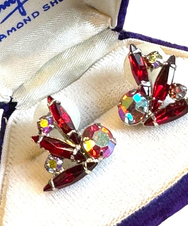Vintage 1950s Mid century Red AB crystal silver finish earrings
