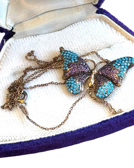 Lovely rose gold finish butterfly necklace amethyst turquoise sterling 925