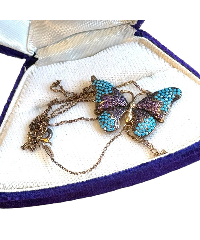 Lovely rose gold finish butterfly necklace amethyst turquoise sterling 925