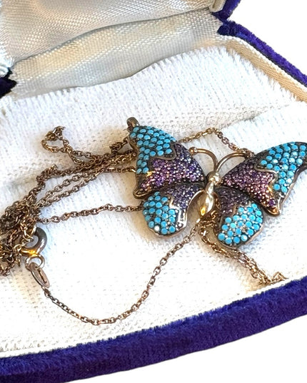 Lovely rose gold finish butterfly necklace amethyst turquoise sterling 925
