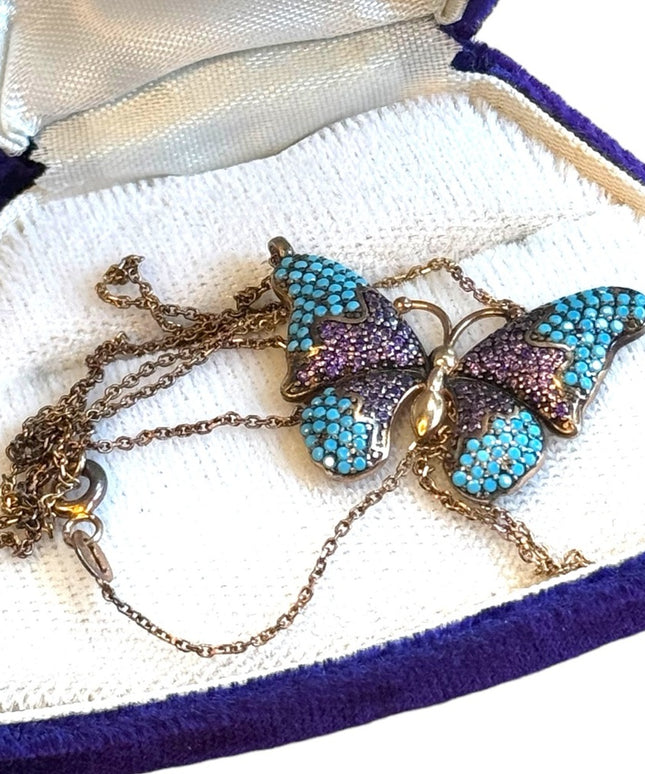 Lovely rose gold finish butterfly necklace amethyst turquoise sterling 925