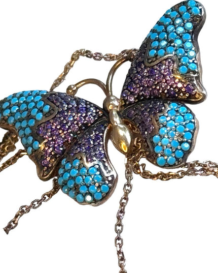 Lovely rose gold finish butterfly necklace amethyst turquoise sterling 925