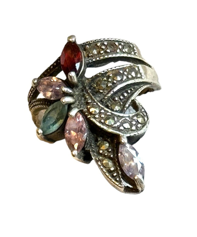 Vintage lovely Art deco style sterling silver gemstone ring 925 marcasite