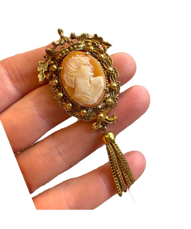Vintage Florenza shell cameo tassel gold finish brooch