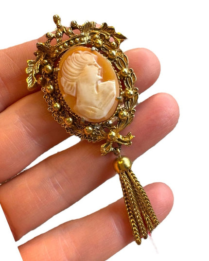 Vintage Florenza shell cameo tassel gold finish brooch