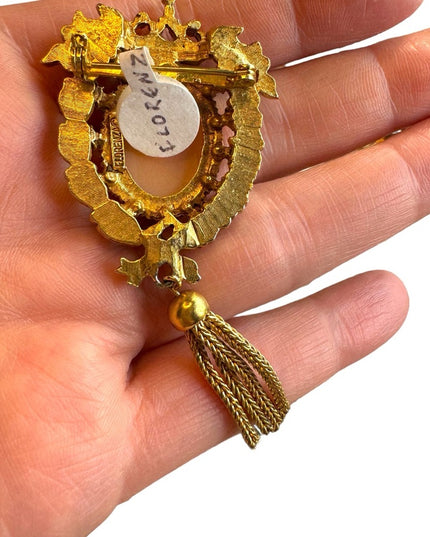 Vintage Florenza shell cameo tassel gold finish brooch