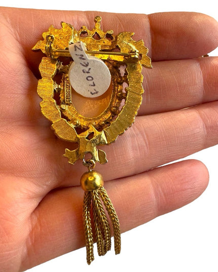 Vintage Florenza shell cameo tassel gold finish brooch