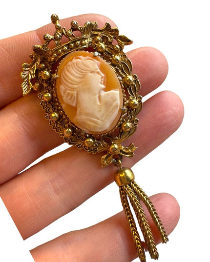 Vintage Florenza shell cameo tassel gold finish brooch