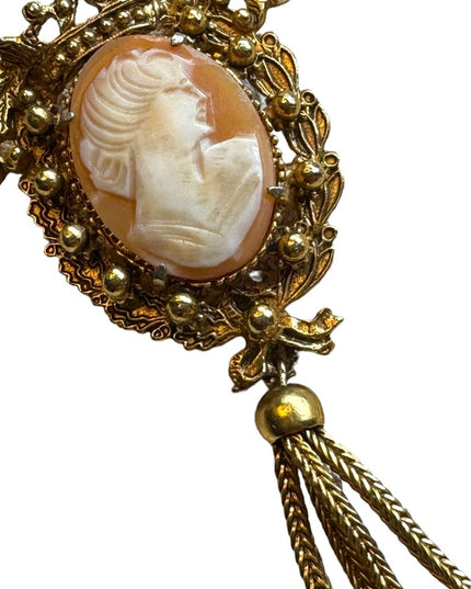 Vintage Florenza shell cameo tassel gold finish brooch