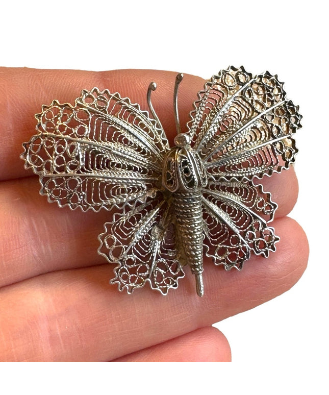 Vintage sterling silver filagree butterfly brooch large Euro stamps