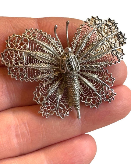 Vintage sterling silver filagree butterfly brooch large Euro stamps