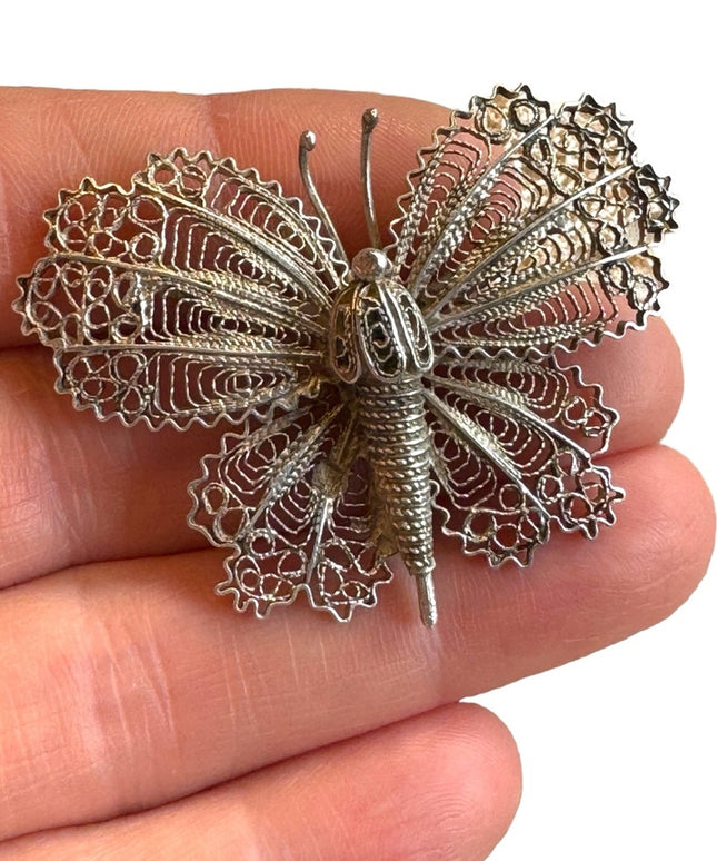 Vintage sterling silver filagree butterfly brooch large Euro stamps