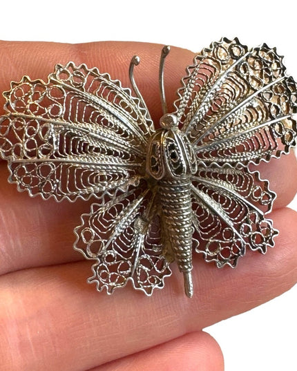 Vintage sterling silver filagree butterfly brooch large Euro stamps
