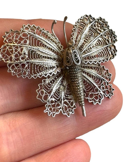 Vintage sterling silver filagree butterfly brooch large Euro stamps