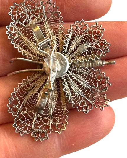 Vintage sterling silver filagree butterfly brooch large Euro stamps