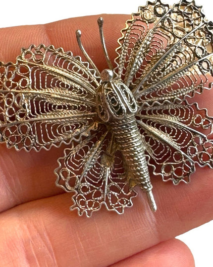 Vintage sterling silver filagree butterfly brooch large Euro stamps