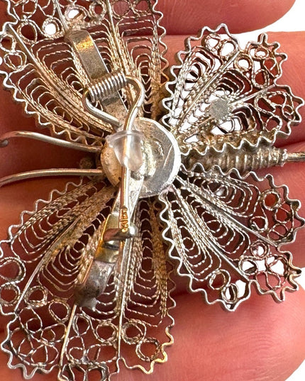 Vintage sterling silver filagree butterfly brooch large Euro stamps