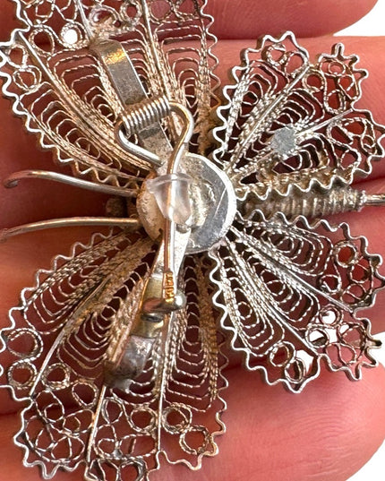 Vintage sterling silver filagree butterfly brooch large Euro stamps