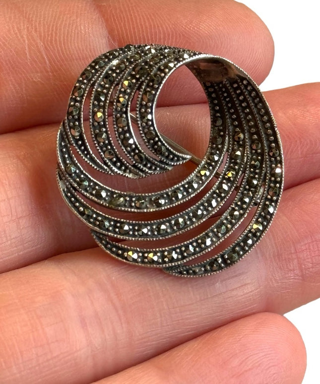 Vintage brooch sterling silver 925 swirl marcasite