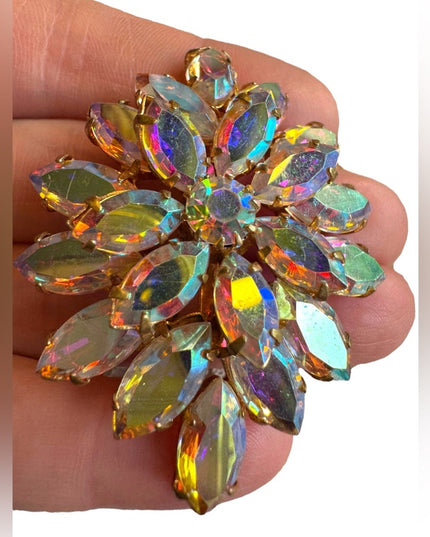 Vintage AB crystal brooch 1960s mid century gold finish