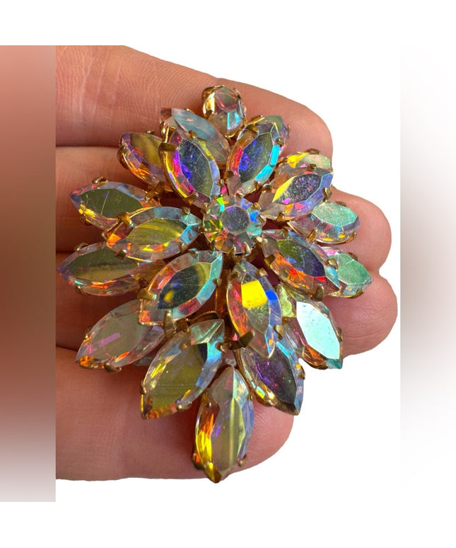 Vintage AB crystal brooch 1960s mid century gold finish
