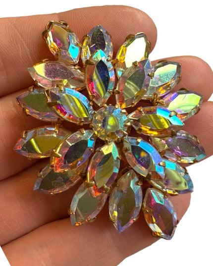 Vintage AB crystal brooch 1960s mid century gold finish