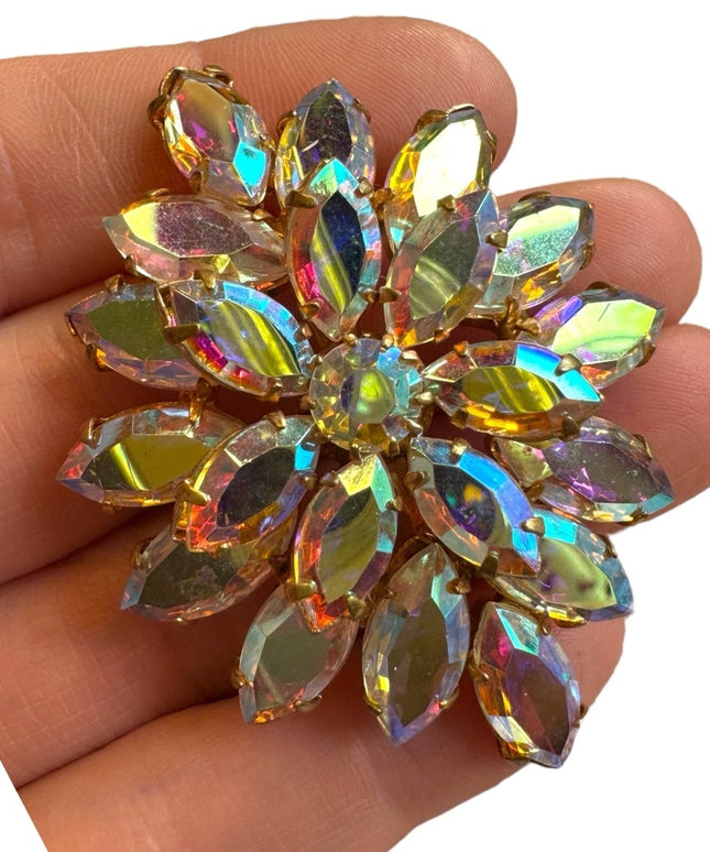 Vintage AB crystal brooch 1960s mid century gold finish