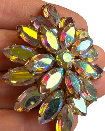 Vintage AB crystal brooch 1960s mid century gold finish