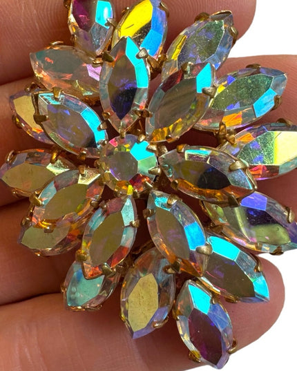 Vintage AB crystal brooch 1960s mid century gold finish