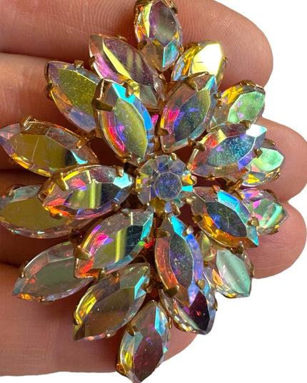 Vintage AB crystal brooch 1960s mid century gold finish