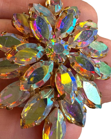 Vintage AB crystal brooch 1960s mid century gold finish
