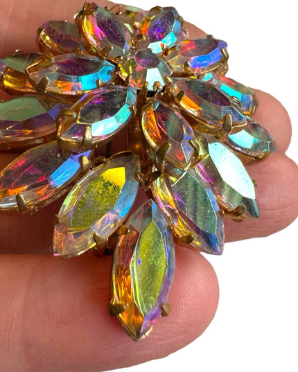 Vintage AB crystal brooch 1960s mid century gold finish