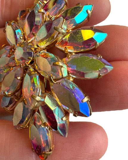 Vintage AB crystal brooch 1960s mid century gold finish