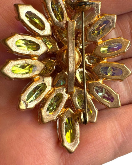 Vintage AB crystal brooch 1960s mid century gold finish
