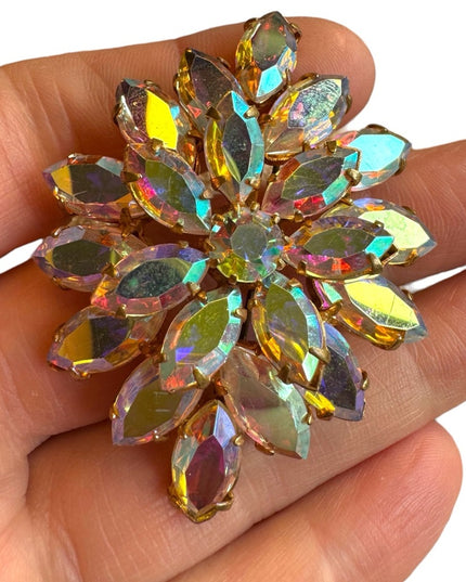 Vintage AB crystal brooch 1960s mid century gold finish