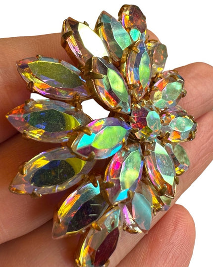 Vintage AB crystal brooch 1960s mid century gold finish