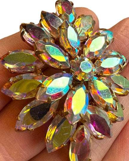 Vintage AB crystal brooch 1960s mid century gold finish