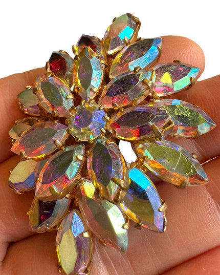 Vintage AB crystal brooch 1960s mid century gold finish