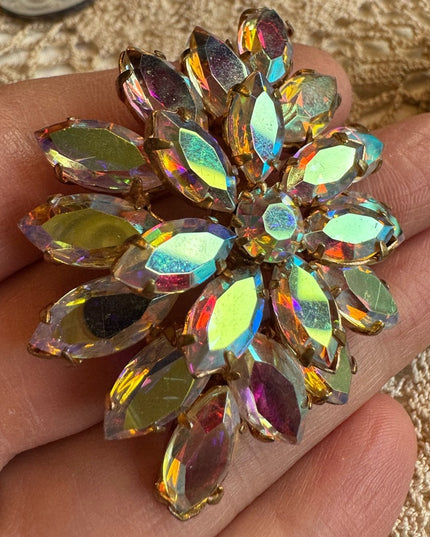 Vintage AB crystal brooch 1960s mid century gold finish