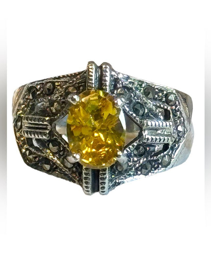 Lovely sterling silver marcasite Yellow CZ 925 fancy ring