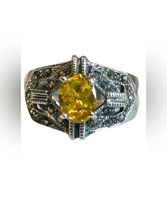 Lovely sterling silver marcasite Yellow CZ 925 fancy ring