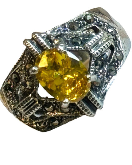 Lovely sterling silver marcasite Yellow CZ 925 fancy ring