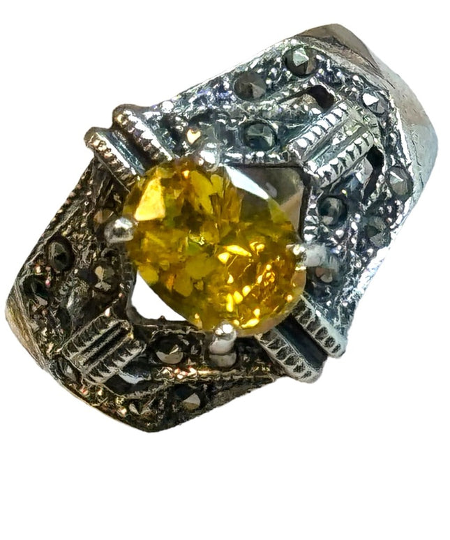 Lovely sterling silver marcasite Yellow CZ 925 fancy ring