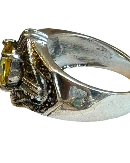 Lovely sterling silver marcasite Yellow CZ 925 fancy ring