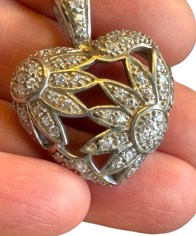 Vintage Silver finish Rinestone CZ heart pendant